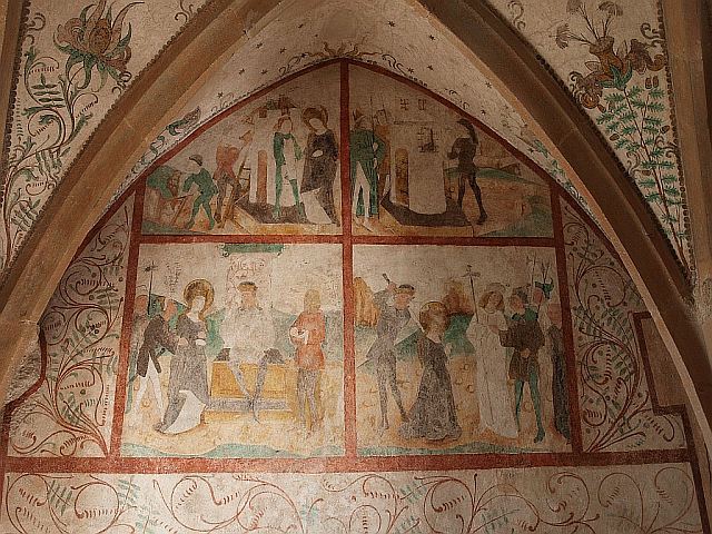 Freskenzyklus über das Leben der heiligen Barbara in der St. Mechthildiskirche in Niederhausen an der Nahe von Ende des 15. Jahrhunderts.
